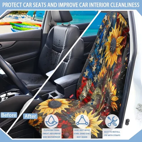 Vista 8 de Fundas de Asiento de Coche con Diseño de Sudadera de Girasol y Bandera Estadounidense para Coche, Camión, SUVs, Protector de Asiento Impermeable