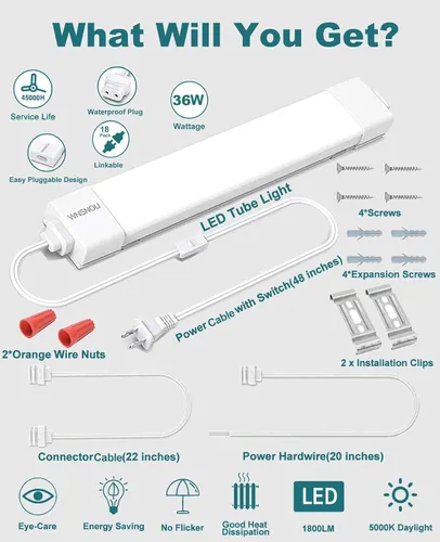 Vista 8 de WNSNOU Lámpara de Tubo LED con Enchufe, Luz Utilitaria de Tienda de 1.4 pies, 1800 LM, 5000 K, Luz de Gabinete Enlazable para Garaje, Cocina, Baño