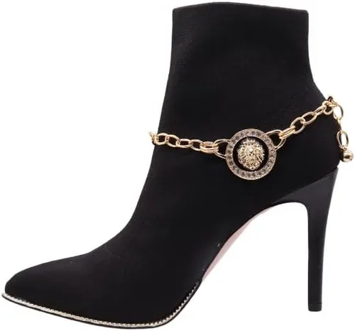 Vista 6 de Trendy Fashion Jewelry Cadena de bota occidental para mujer, pulsera de metal dorado, tobillera de tacón alto, moneda de león, medallón con dije