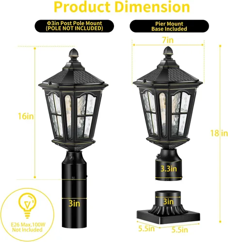 Vista 6 de Luces de poste del atardecer al amanecer cableadas de 120 V con base de montaje en muelle, lámpara de poste antioxidante para exteriores con vidrio