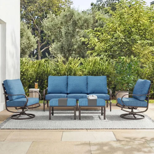 Vista 31 de MFSTUDIO Juegos de muebles de patio, sofás de conversación de metal para exteriores con 1 sofá de 3 asientos para jardín, cojín beige