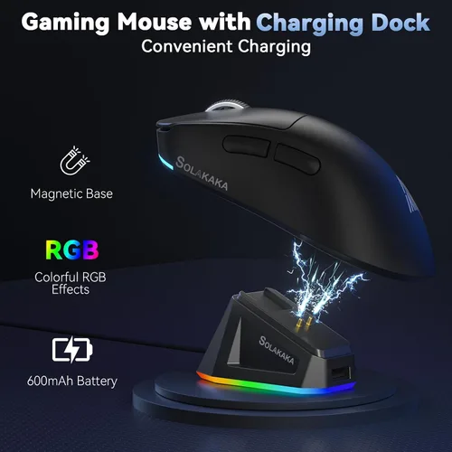 Vista 4 de SOLAKAKA SM822 - Mouse inalámbrico para juegos con base de carga, mouse inalámbrico de tres modos, sensor óptico PAW3311, hasta 24,000 DPI, mouse