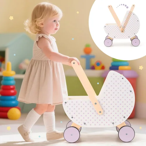 Vista 3 de Pillowhale Andador de madera y cochecito de muñeca – Carro de empuje con mango ajustable, antipunta, ruedas silenciosas, carrito de compras