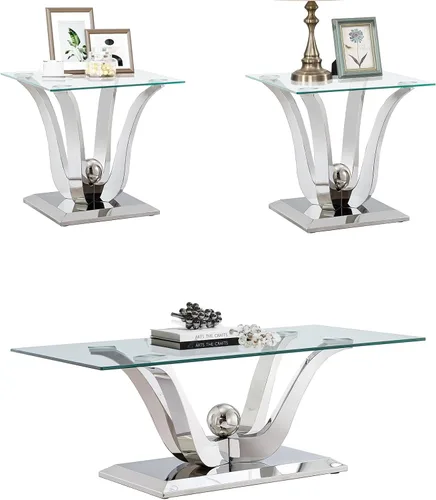 Vista 23 de SSLine Mesa de centro moderna de 1 pieza para sala de estar, mesa de centro de vidrio templado de lujo con base de acero inoxidable en forma de flor