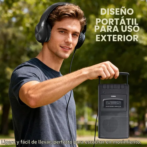 Vista 6 de Coby Reproductor de cassette portátil y grabadora con auriculares sobre la oreja, micrófono integrado, grabación de un solo toque, parada