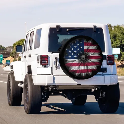 Vista 2 de Delerain Cubierta de neumático de repuesto con diseño de flores de bandera de Estados Unidos con orificio de cámara de respaldo para caravana