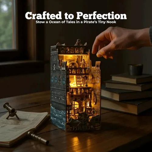 Vista 6 de Dreams Delivery - Kit de rincón de libro, barco pirata de 172 piezas, kit de casa en miniatura LED para bricolaje, rompecabezas de madera 3D, kit