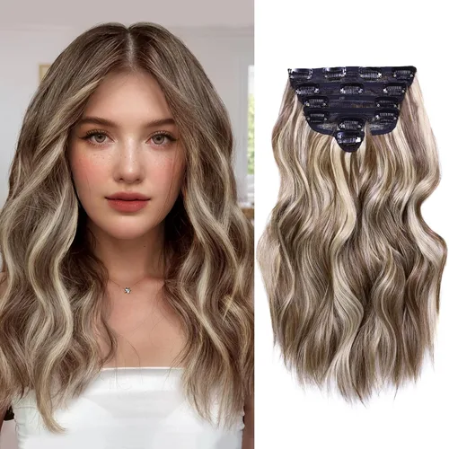 Vista 17 de NAYOO - Extensiones de cabello con clip, extensiones sintéticas onduladas de 20 pulgadas, 6 unidades Wavy Curly Hair, Full Head Coverage, Heat