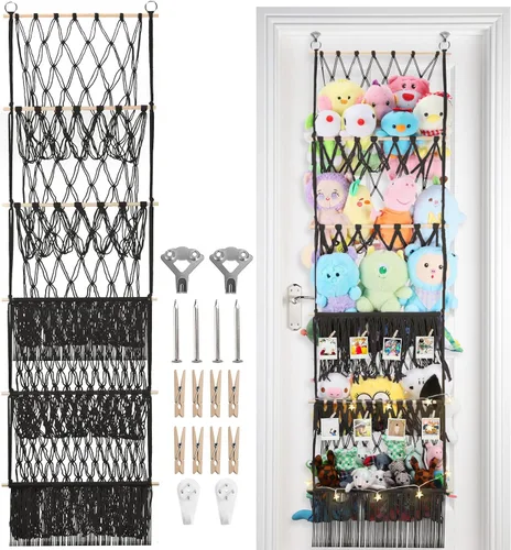 Vista 19 de Red de almacenamiento de animales de peluche de 2 niveles, 17 x 32 pulgadas, organizador grande de animales de peluche para pequeños rellenos