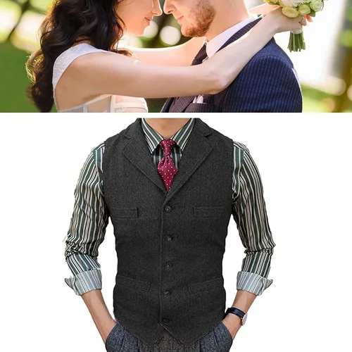Vista 4 de Chaleco formal de tweed en espiga para hombre, casual, con solapa para padrino de boda, chaqueta vintage, chaleco de vestir para fiesta de trabajo