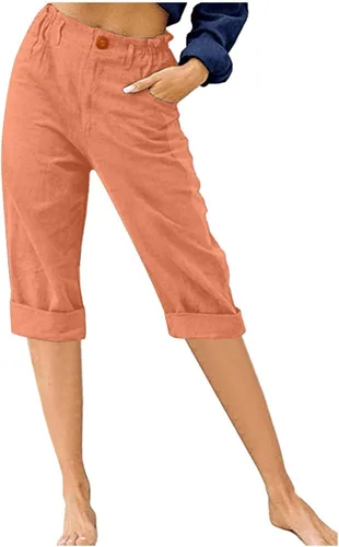 Vista 4 de Bermudas para mujer, hasta la rodilla, de algodón, lino, capri, pantalones capri de cintura alta con bolsillos, ropa de descanso Verde militar
