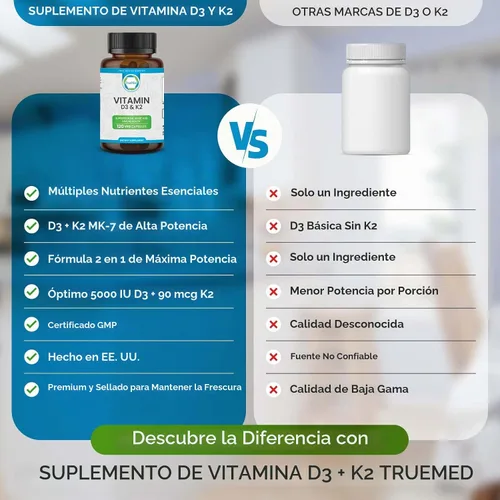 Vista 6 de Suplemento de vitamina D3 K2 5000 UI (MK-7 90 mcg), apoya la salud ósea