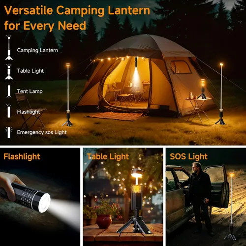 Vista 3 de Linterna de camping recargable de 21000mAh, luces de camping telescópicas, linterna de camping magnética plegable con soporte IPX6 impermeable, Negro