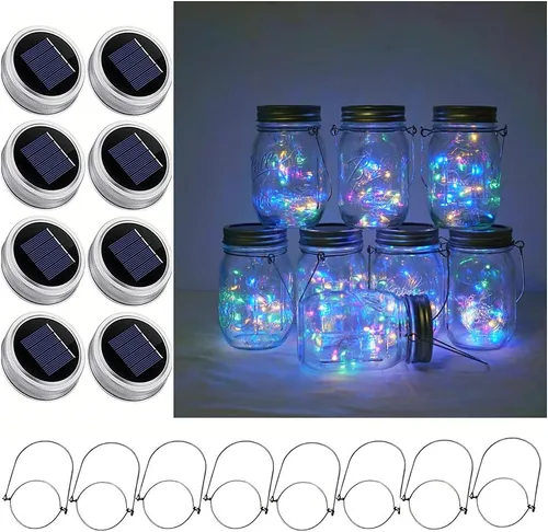 Vista 9 de Luces solares para tarros de masón, paquete de 8 tiras de luces impermeables con 8 ganchos para patio, jardín, fiesta, boda, decoración de Navidad