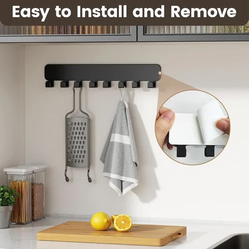 Vista 6 de pickpiff Soporte para llaves de pared, soporte adhesivo para llaves con 8 ganchos para llavero de automóvil, organizador de llavero de metal, negro