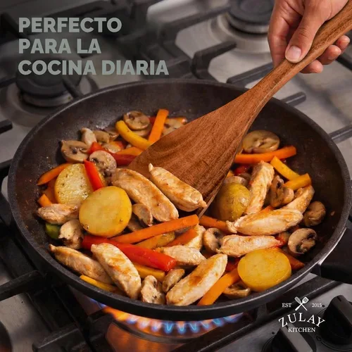 Vista 6 de Zulay Kitchen Juego de 5 cucharas de madera extragrandes - Utensilios de cocina de teca lisa - Cucharón, espátula, espumadera, tenedor, cuchara