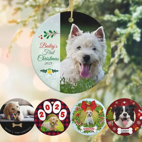 Vista 6 de Adorno conmemorativo personalizado para perro, 2025, con imagen de perro, foto y nombre, adornos para árbol de Navidad, regalo personalizado