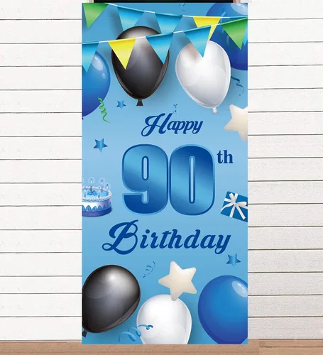 Vista 14 de Cartel azul de feliz cumpleaños número 11, globos de fondo de estrellas, confeti y saludos a los 11 años, decoración temática de puerta, porche