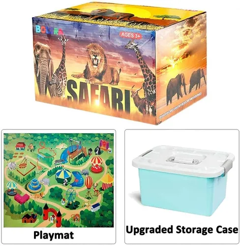Vista 2 de BOLZRA Figuras de animales de safari con tapete de juego de actividades y caja de almacenamiento, juego gigante de plástico realista con león