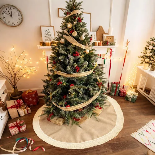 Vista 38 de ORTIGIA Falda blanca para árbol de Navidad de 48 pulgadas con POM POM, falda de árbol de Navidad de felpa suave de piel sintética blanca para árbol