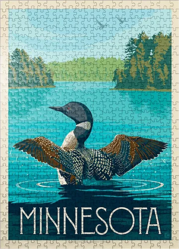 Vista 8 de MyPuzzle Minnesota: Loon, Póster vintage, rompecabezas prémium de 100 piezas para adultos