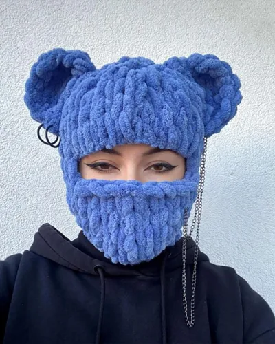 Vista 6 de Máscara de esquí de punto con diseño de ganchillo, máscara facial con diseño de conejo divertido en 3D, para Año Nuevo, clima frío o fiesta