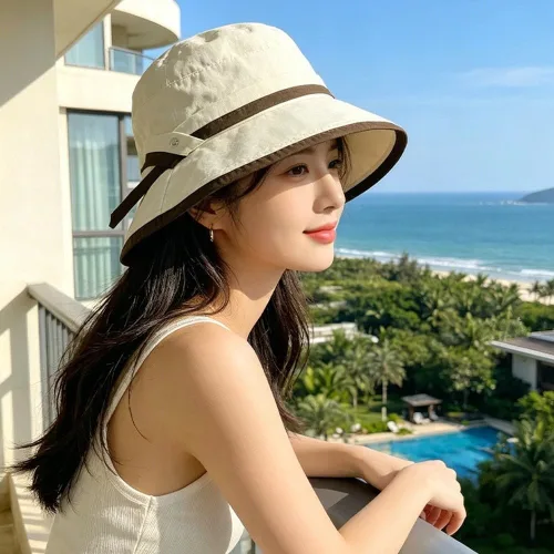 Vista 3 de Foldable Women's Sun Hat with Wide Brim, Adjustable Bucket in Breathable Polyester, UV Protection Fisherman Cap Mz2923 Beige