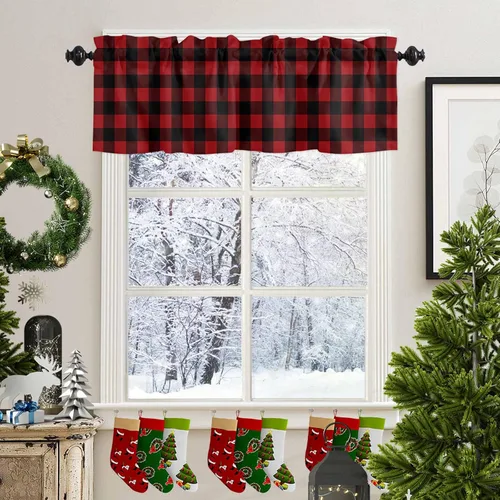 Vista 100 de Cenefa de cortina con lazo rojo de Navidad para ventanas, sala de estar, cocina, baño, granja, bolas de Navidad de acuarela con diseño de bayas
