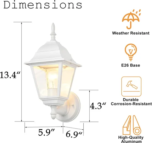 Vista 2 de Faroles de pared para exteriores, paquete de 2 luces blancas impermeables para porche, con vidrio transparente, aplique de aluminio resistente a