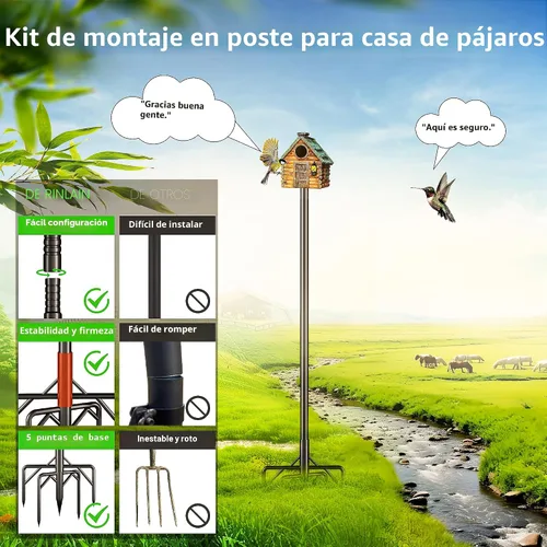 Vista 7 de Kit de poste para comedero de pájaros, poste de casa de pájaros de 79 pulgadas para exteriores resistente, 5 puntas de base ajustables, soporte