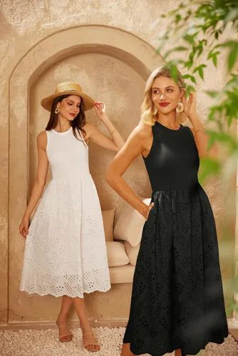 Vista 4 de GRACE KARIN Vestido de verano sin mangas para mujer, acampanado, de algodón, cuello redondo, casual, con bolsillos