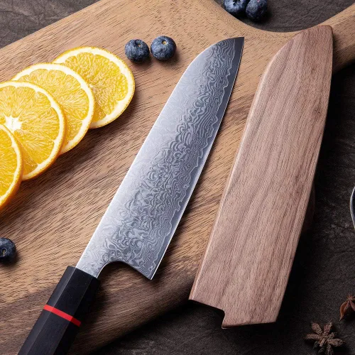 Vista 3 de Cuchillo Santoku de cocina, acero de damasco, cuchillo de cocina japonés, mango de madera octogonal hecho a mano, funda de madera y caja de regalo