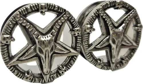 Vista 2 de Pierced Republic Baphomet - Tapones para los oídos con pentagrama, de acero inoxidable, 8 tamaños, par - nuevo