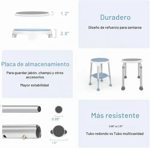 Vista 5 de Silla de ducha para ducha interior, taburete de ducha giratorio sin herramientas con bandeja de almacenamiento, silla de bañera ajustable y taburete