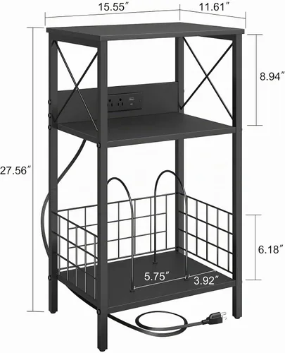 Vista 3 de Sthmec - Mesa auxiliar de 3 niveles con estación de carga, tocadiscos LED para almacenamiento de vinilo, estante de discos para álbumes, mesas Negro