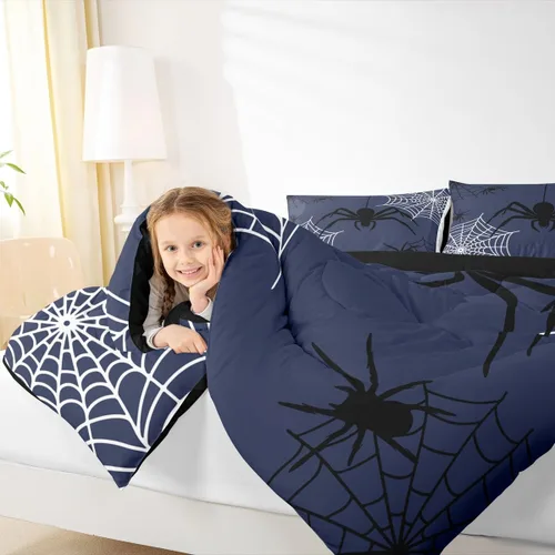 Vista 4 de Castle Fairy Spider Web Comforter Set,Happy Halloween Theme Hippie Bedding Sets for Kids Teens Adults,Black Spider Wild Animal Silhouette Comforter