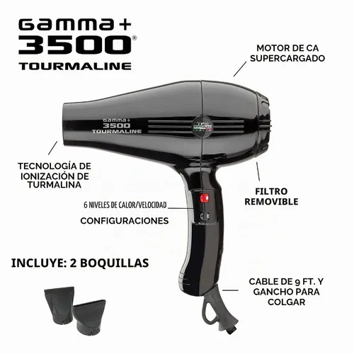 Vista 3 de Gamma 3500 - Secador de pelo iónico Motor de CA de 2000 W, 13.4 onzas, silencioso, 6 ajustes de calor/velocidad, cable de 9 pies Negro