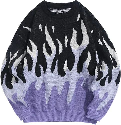 Vista 34 de ZAFUL Y2K - Suéter casual con estampado de llama estética para hombre, suéter de punto holgado, manga larga, cuello redondo
