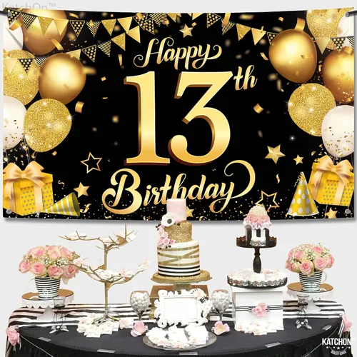 Vista 2 de KatchOn, Cartel de feliz cumpleaños número 13, negro y dorado, extragrande, 72 x 44 pulgadas, telón de fondo de feliz cumpleaños, pancarta de feliz