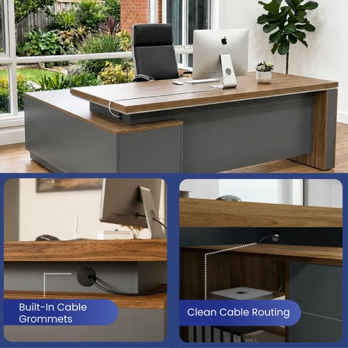 Vista 5 de OfficeSimpli - Escritorio ejecutivo en forma de L con cajones, 64 x 63 x 30 pulgadas, fabricado en Estados Unidos, envío mayormente ensamblado