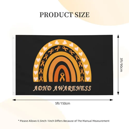 Vista 7 de Bandera de 3 x 5 pies ADHA Awareness - Cartel de doble cara con corazones de arco iris naranja grande para pared, dormitorio, sala de estar