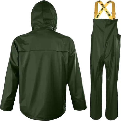 Vista 4 de FWG Traje de lluvia para hombre, chaqueta de trabajo impermeable resistente y pantalones con capucha