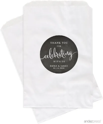 Vista 26 de Andaz Press Bolsas de regalo personalizadas para mesa de postre, agradecimiento por celebrar con nosotros, aguamarina, paquete de 24, personalizadas