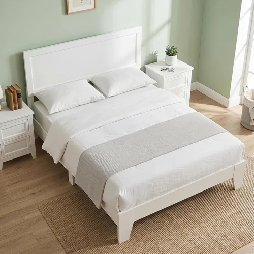 Vista 15 de KOMFOTT Base de cama de madera tamaño twin con cabecero, base de cama de plataforma de madera de acacia sólida, base de cama soportada por listones