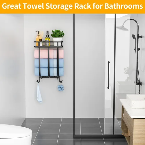 Vista 9 de Toalleros para baño, toallero montado en la pared con estante de metal y 4 ganchos para colgar, estante de toallas para baño pequeño, puede contener