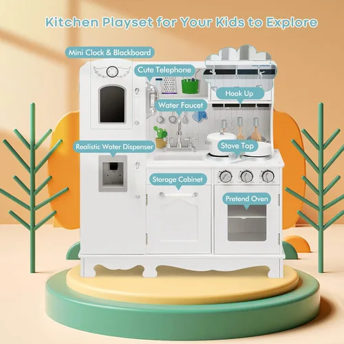 Vista 2 de GLACER Juego de cocina para niños con teléfono, juguetes Montessori de madera con luz y sonido, microondas, máquina de hielo, horno, fregadero