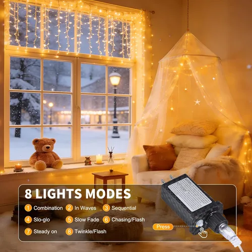 Vista 2 de Cadena de luces de Navidad de 100 LED, 33 pies, 8 modos, con función de memoria, enchufable, luz de cadena blanca para árbol de Navidad, corona