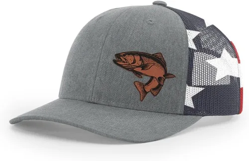 Vista 57 de Sombrero de pesca de trucha con parche de cuero grabado láser Richardson 112 Snapback Trucker Cap