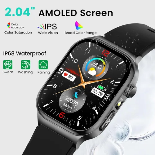 Vista 9 de Reloj inteligente de salud para mujeres y hombres, reloj AMOLED de 2.04 pulgadas con frecuencia cardíaca 24/7, seguimiento del sueño, oxígeno