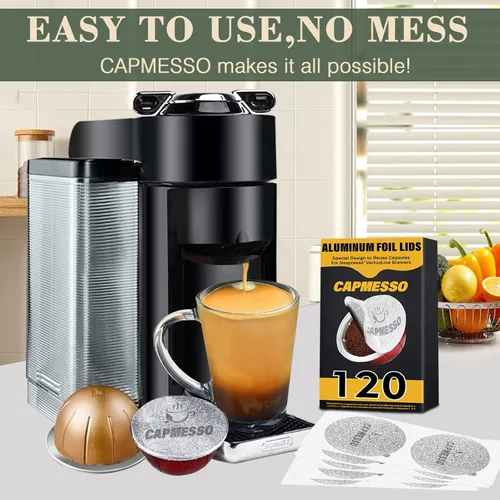 Vista 7 de CAPMESSO Tapas de papel de aluminio para cápsulas reutilizables de Nespresso Vertuolina, cubiertas adhesivas para cápsulas de café, sellos